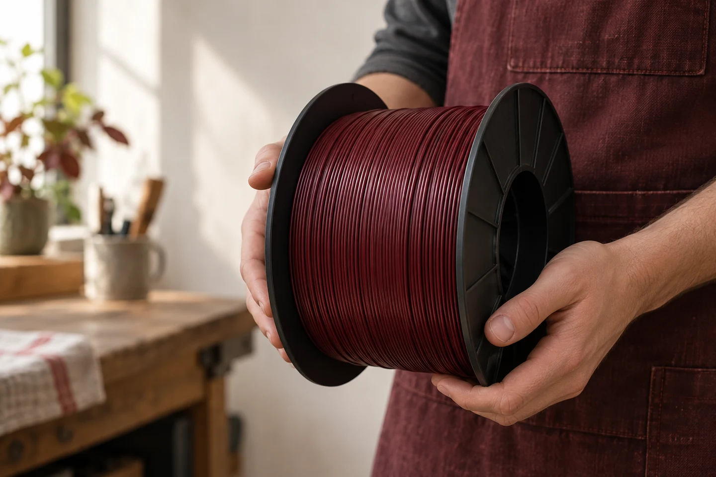 Hands supporting a large unbranded reel of burgundy filament in a workshop.