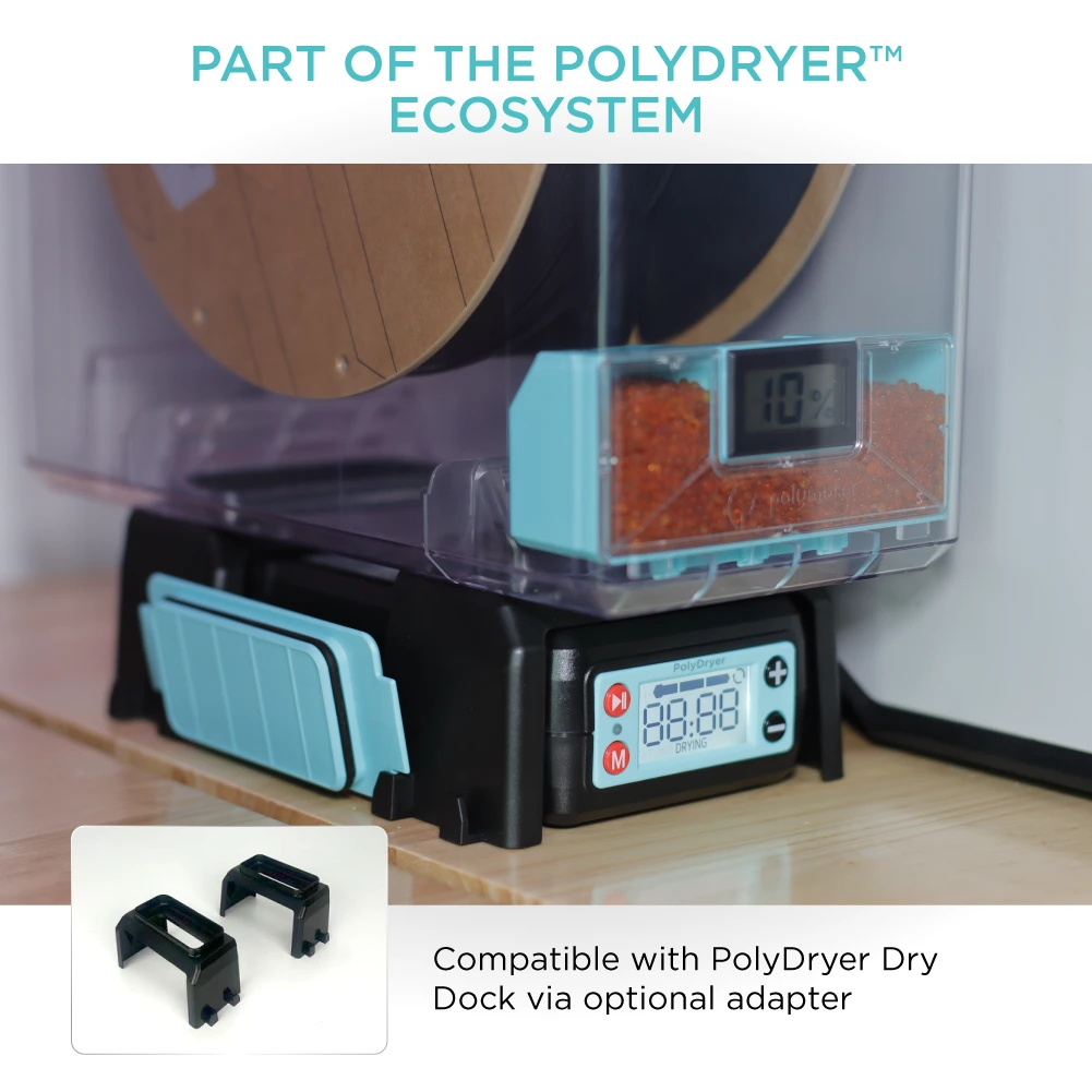 Official Polymaker photograph showing the Box XL connected above a Dry Dock, with the optional XL adapter pictured.