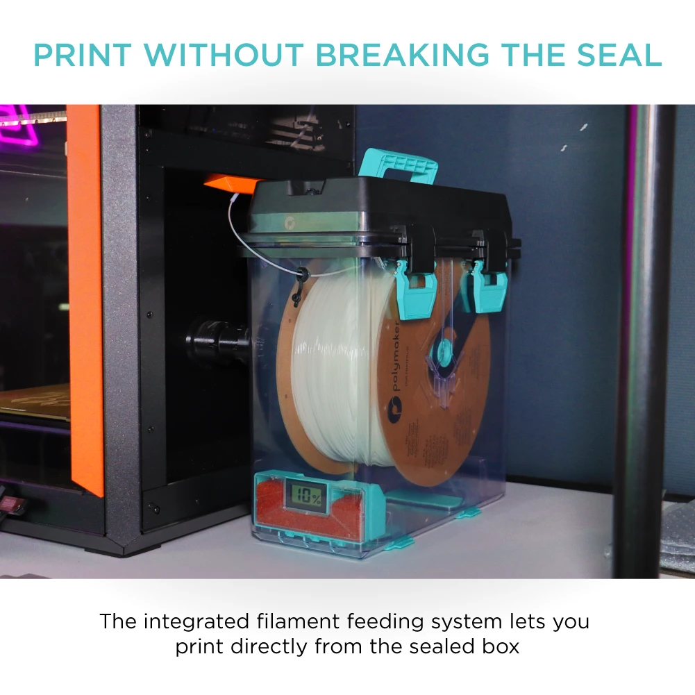 Official Polymaker photograph showing filament leaving the closed Box XL through its side outlet toward a printer.