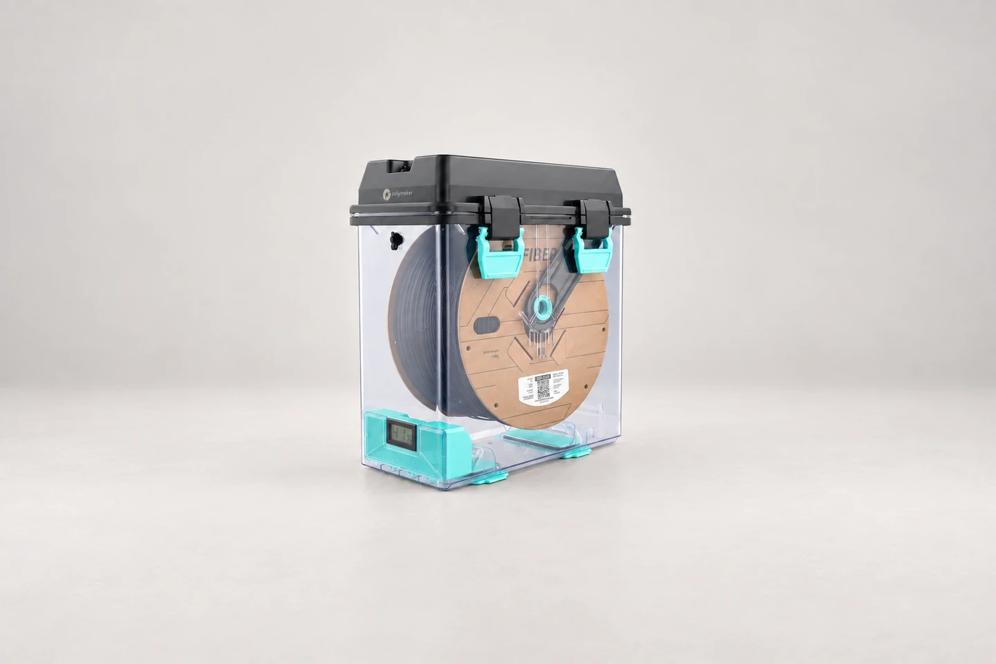 PolyDryer Box XL with its clear body, dark lid and aqua latches, shown against a neutral background.