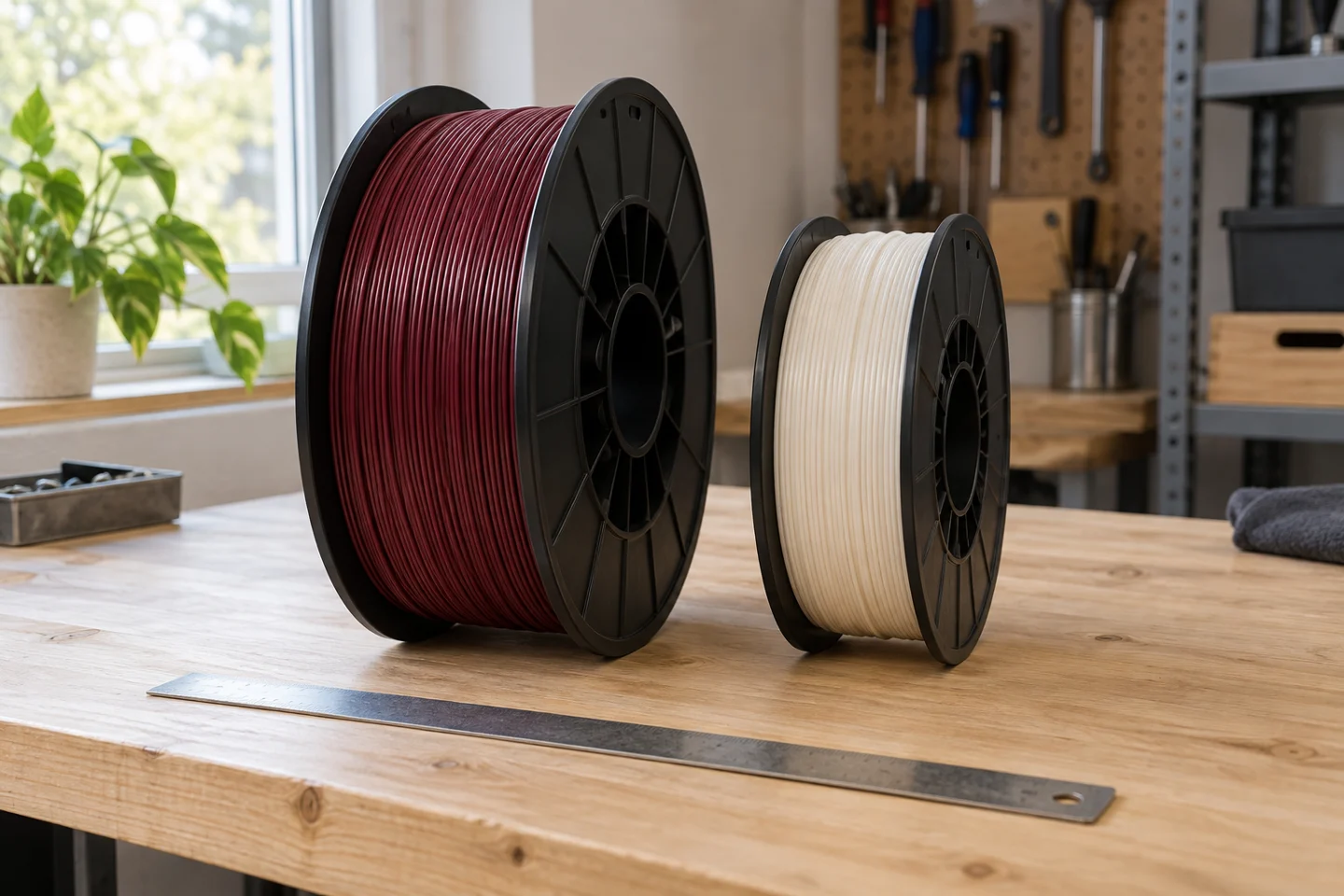 Two filament reels with different outside diameters and overall widths on a workbench.