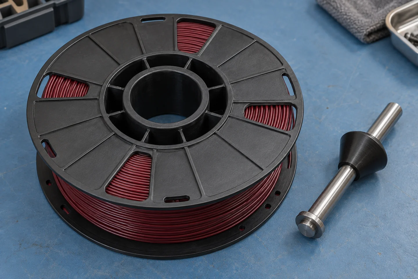 Close view of a filament reel mounting hole beside a support axle and conical spacer.