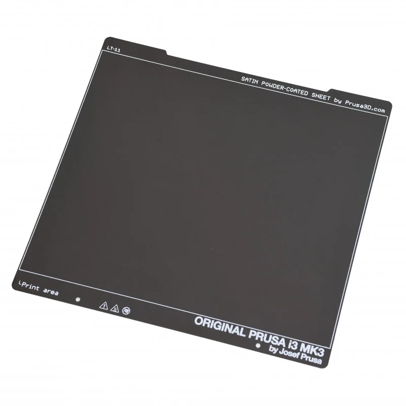 Official Prusa photograph of a satin powder-coated spring steel sheet.